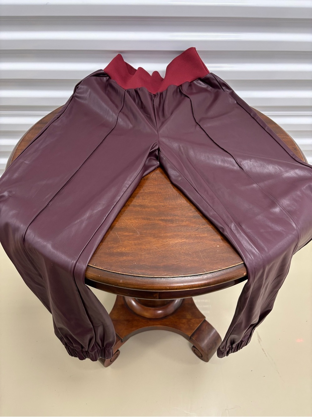 Faux Leather Crop Joggers in Burgundy with Red Waistband